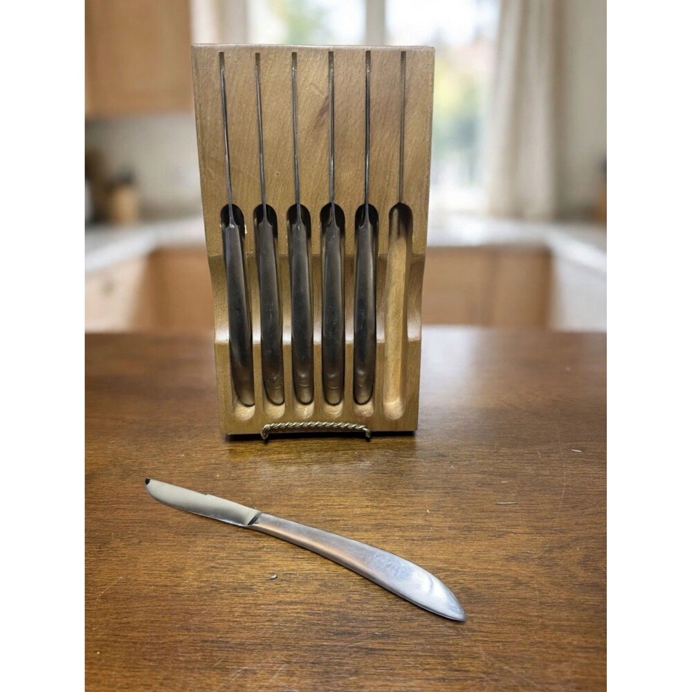 Vintage MCM Steak Knife Set 6pc Stainless Steel Oak Block Stand Curved Japan